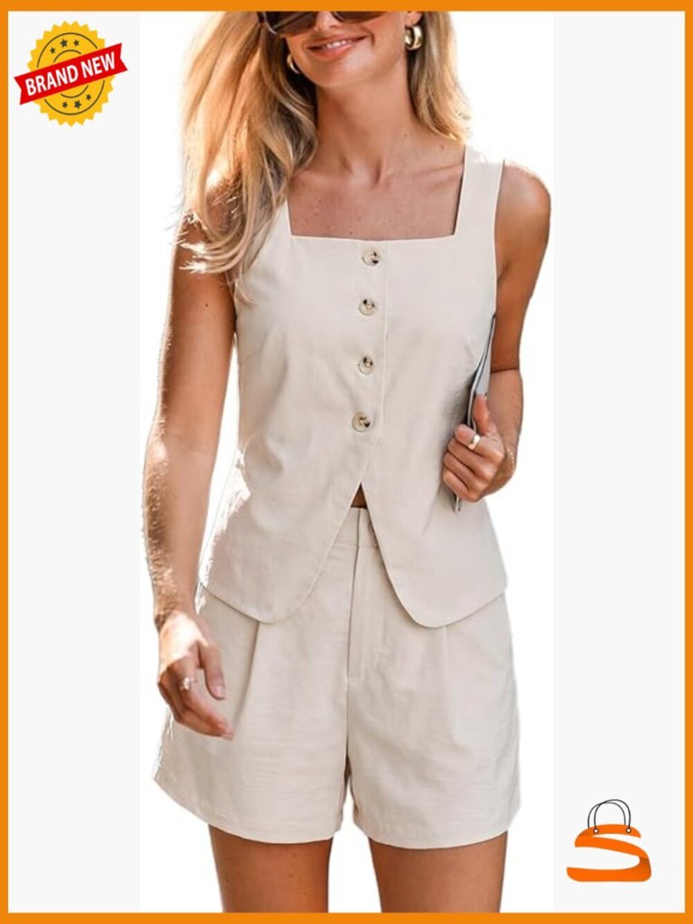 2 Piece Short Set Square Neck Sleeveless Top Summer Vacation Outfit with Pockets